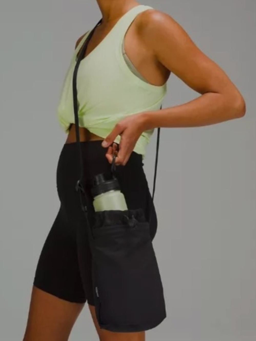 Black Crossbody Water Bottle Bag with Drawstring Pocket
